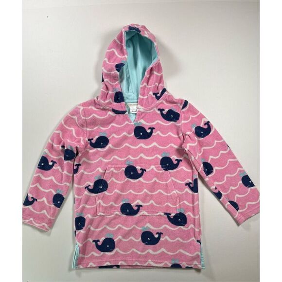 Pottery Barn Kids Pink Terry Towel Hooded Swim Cover Up Whales Size 4-6 Year EUC - Picture 1 of 6